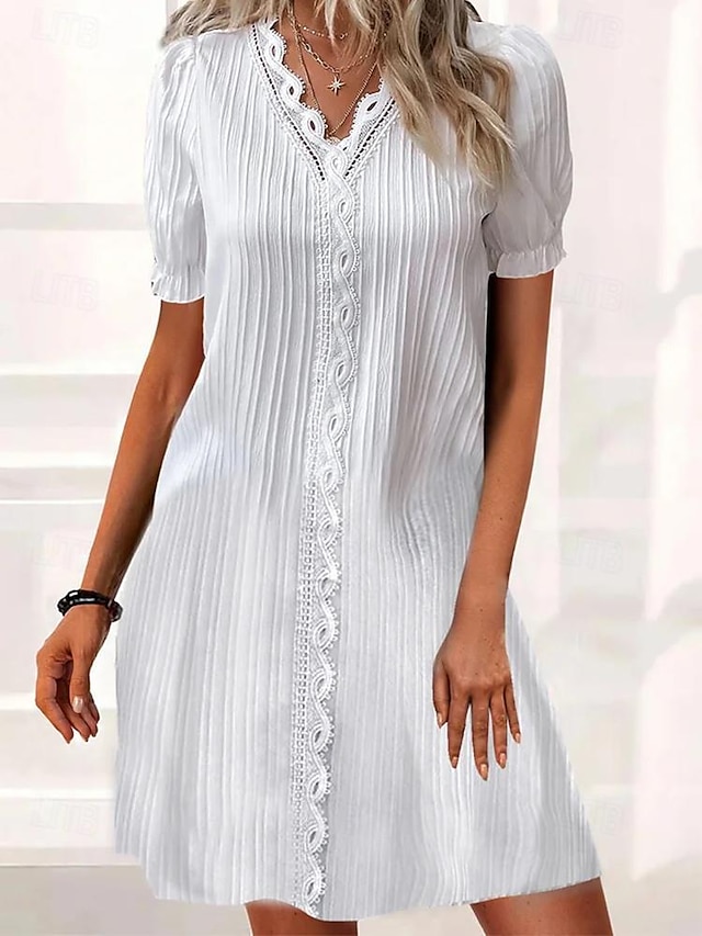  Γυναικεία Λευκό φόρεμα Μίνι φόρεμα Δαντέλα Ημερομηνία Κομψό στυλ street Λαιμόκοψη V Κοντομάνικο Λευκό Χρώμα