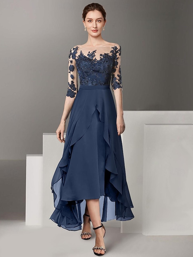  A-Line Mother of the Bride Dress Formal Wedding Guest Elegant High Low Off Shoulder Ankle Length Chiffon Lace Half Sleeve with Pleats Appliques 2024