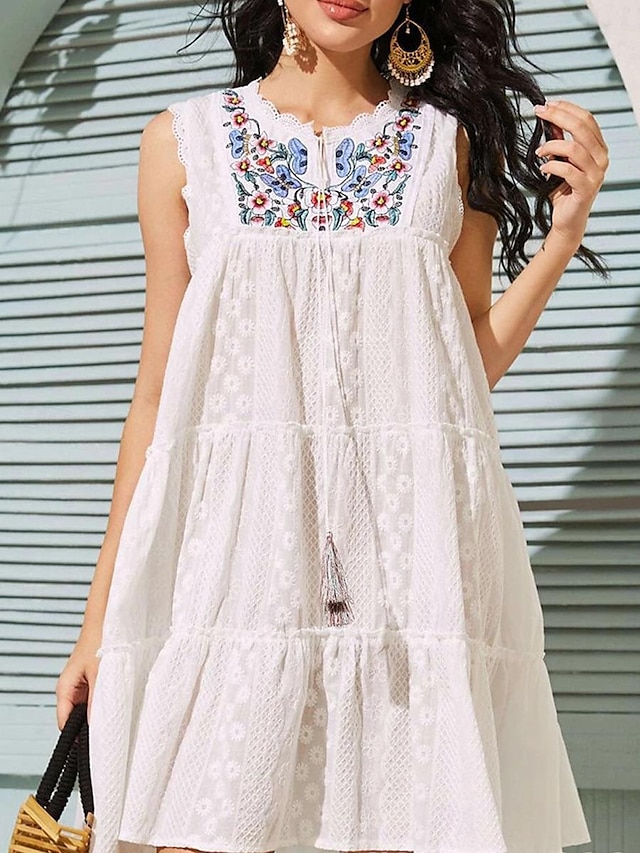  Damen Weißes Kleid Minikleid Baumwolle Spitze Rüsche Verabredung Urlaub Maxi V Ausschnitt Ärmellos Weiß Farbe