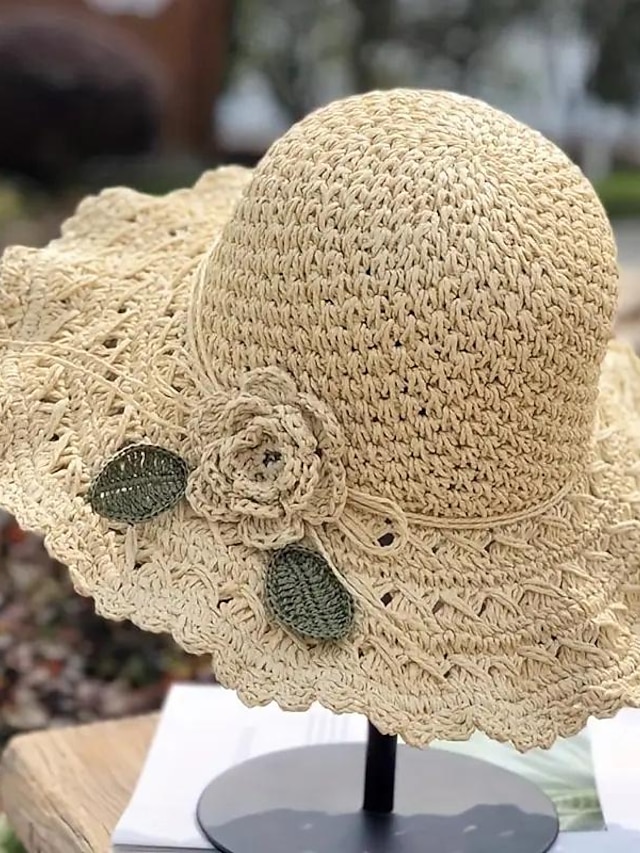  1 τεμ μοντέρνο ψάθινο καπέλο κροσέ λουλουδιών κομψό μονόχρωμο βολάν καπέλα ηλίου κλασικά πτυσσόμενα καλοκαιρινά καπέλα παραλίας ταξιδιού για γυναίκες κορίτσια