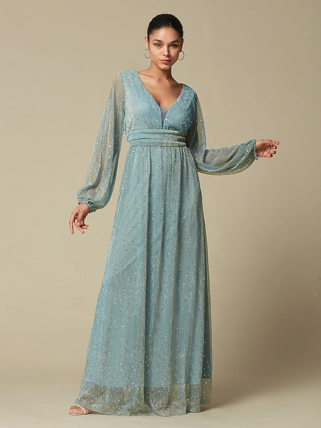 Luxury A-Line V Neck Long Sleeve Sparkle Sequins Plus Size Floor Length Prom Dress