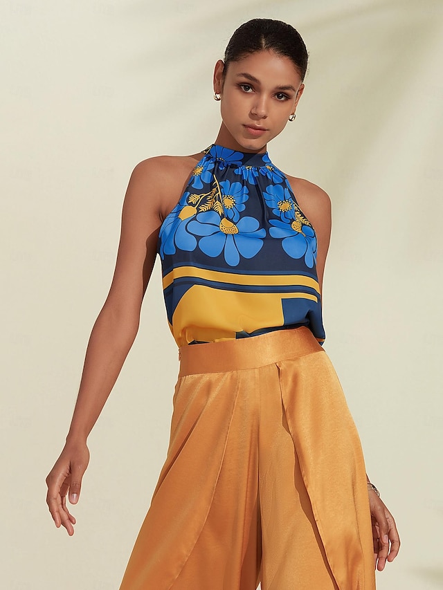  Per donna Geometrico Fiore / Piante Da mare Fine settimana Senza maniche Blu Increspato Legare indietro / Legare davanti Senza maniche Blouse Allacciato al collo Estate