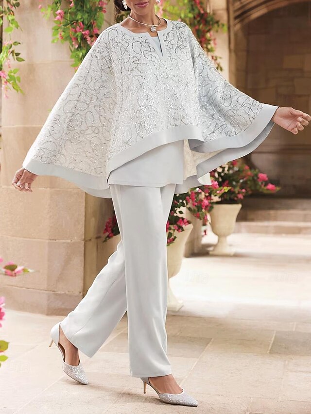 Jumpsuits 3/4 Sleeve Lace Applique Chiffon Mother of the Bride & Groom Dresses Evening Gown