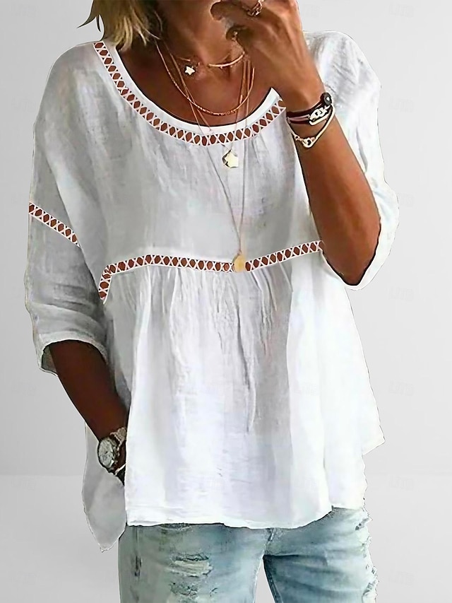  Women's Lace Shirt Eyelet top Long Cotton Top White Cotton Top Plain Casual Lace Patchwork White 3/4 Length Sleeve Basic Round Neck