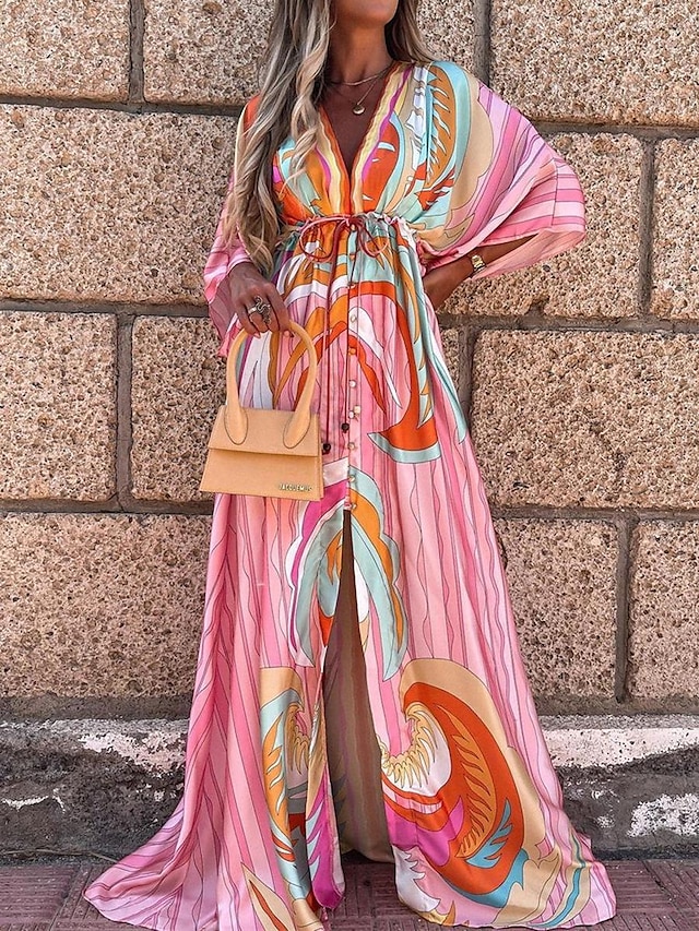  Γυναικεία Καθημερινό φόρεμα Γεωμετρικό Συνδυασμός Χρωμάτων Κορδόνι Σκίσιμο Λαιμόκοψη V Μακρύ Φόρεμα Μάξι Φόρεμα Βοημία Διακοπές Καλοκαίρι