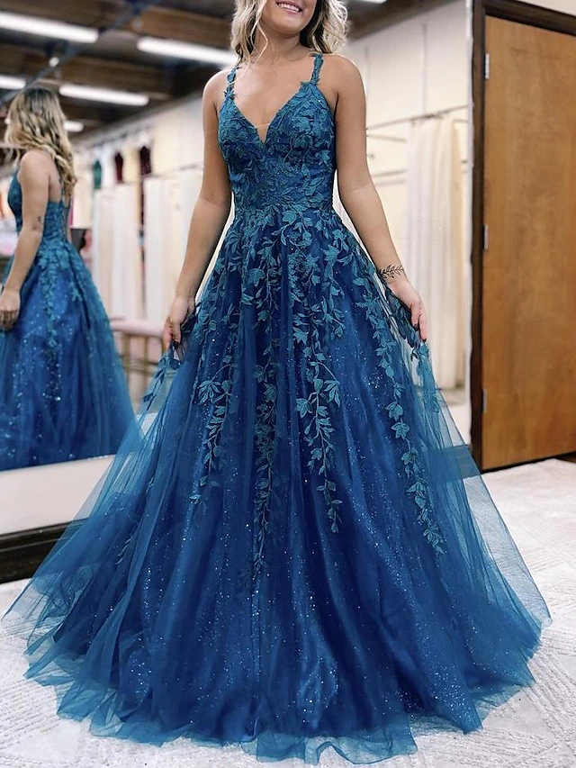 Ball Gown A-Line Prom Dresses Sparkle & Shine Dress Formal Wedding Party Floor Length Sleeveless V Neck Tulle Backless with Glitter Appliques 6