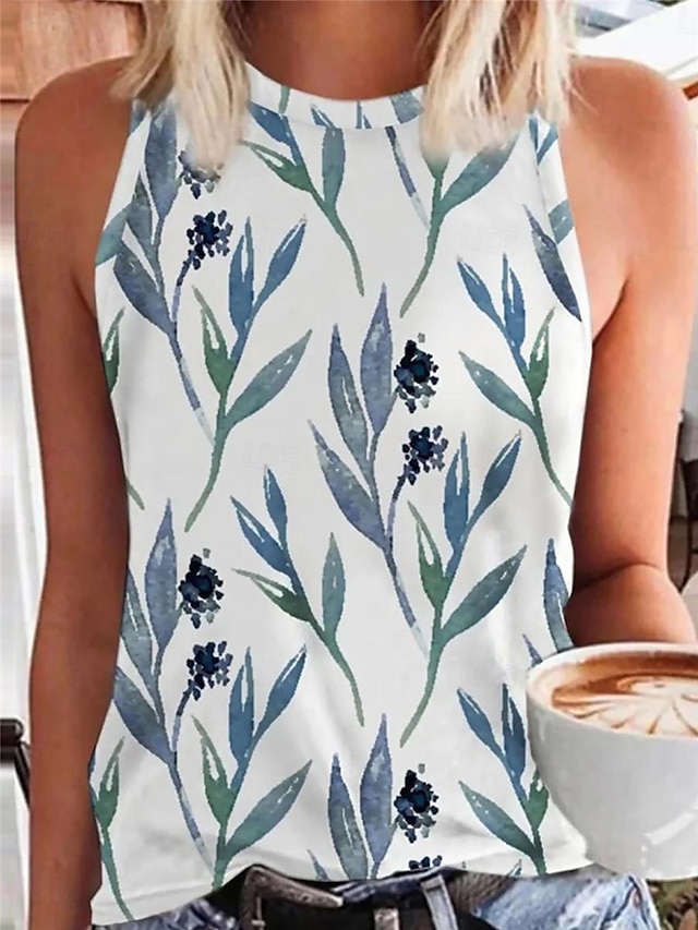  Women's Tank Top Floral Leaf Print Casual Holiday Fashion Sleeveless Crew Neck Blue Summer