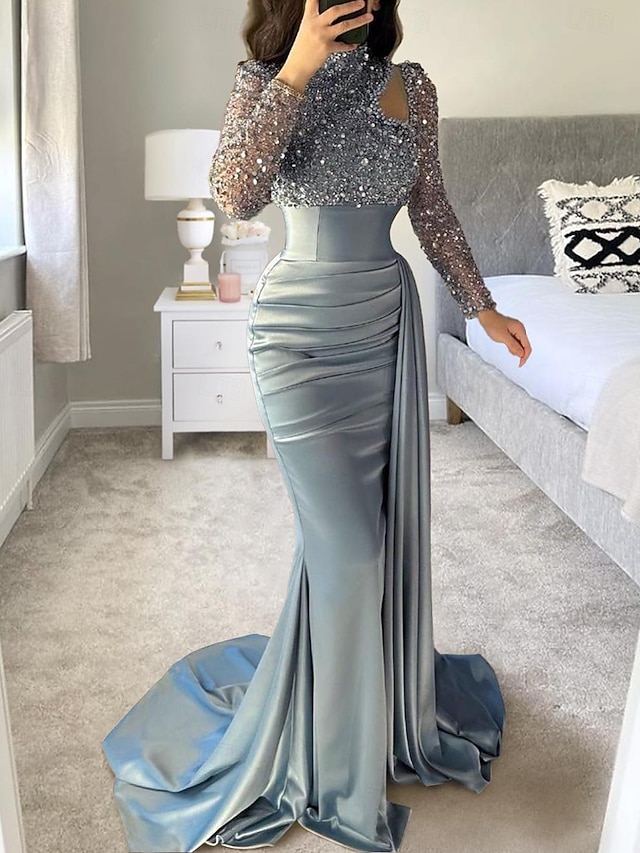 Mermaid Wine Red O-Neck Evening Gowns 2025 Lone Sleeves Beading Luxury Formal Dress Design LA70730
