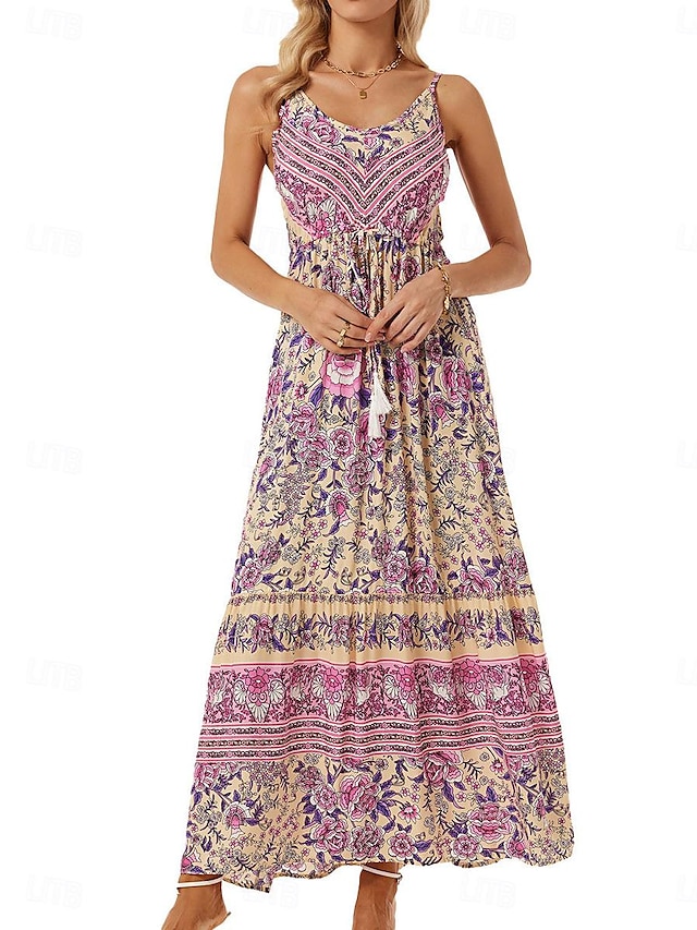  Γυναικεία Καθημερινό φόρεμα Φόρεμα σε γραμμή Α Φλοράλ Στάμπα Τιράντες Μακρύ Φόρεμα Μάξι Φόρεμα Etnic Μπόχο Διακοπές Αμάνικο Καλοκαίρι