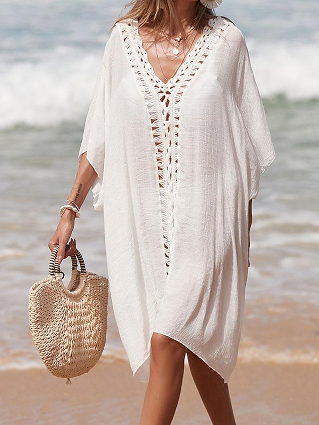  Mulheres Vestido de verão Com Corte Roupa de Praia Férias Sem Manga Preto Branco Azul Cor