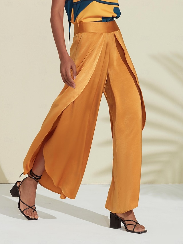  calça casual de cetim com babados