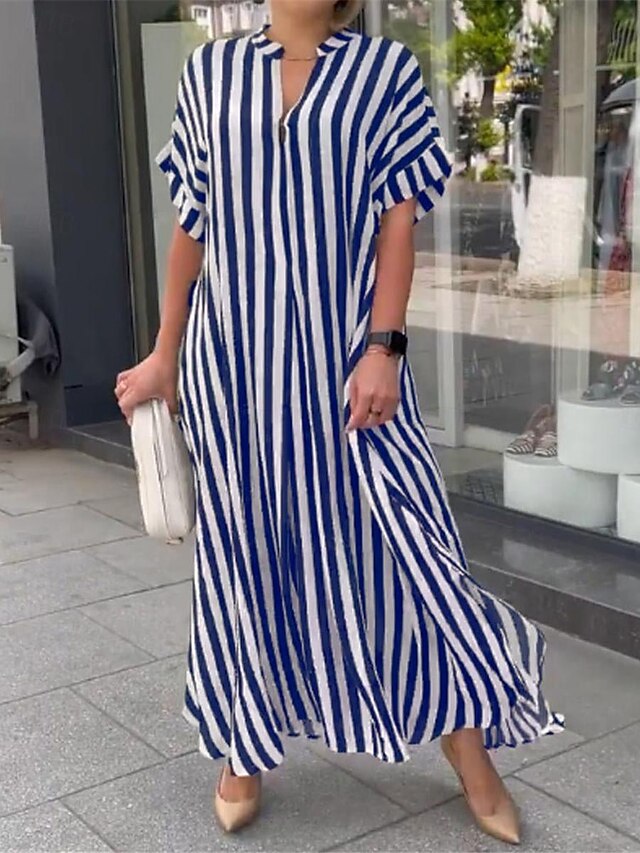 Women's Casual Dress Stripe Button Print Shirt Collar Long Dress Maxi Dress Vacation Short Sleeve Summer 10
