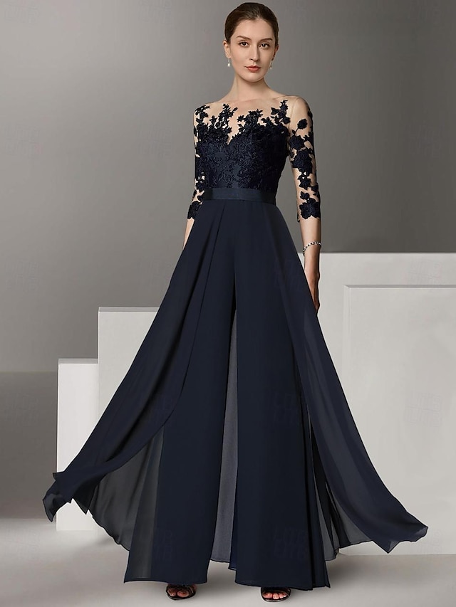 Jumpsuit / Pantsuit Mother of the Bride Dress Formal Wedding Guest Elegant Party Scoop Neck Ankle Length Chiffon Lace 3/4 Length Sleeve with Appliques 2024