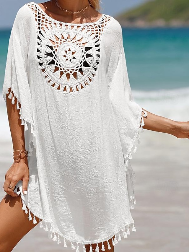  Γυναικεία Καλοκαιρινό φόρεμα Φούντες Με κοψίματα Ρούχα παραλίας Γιορτή Κοντομάνικο Μαύρο Λευκό Θαλασσί Χρώμα