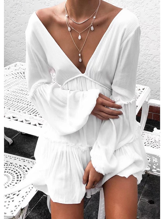  robe blanche Femme Mini robe Patchwork Plein Air Rendez-vous Sexy Col V manche longue Standard Blanche S M L XL XXL