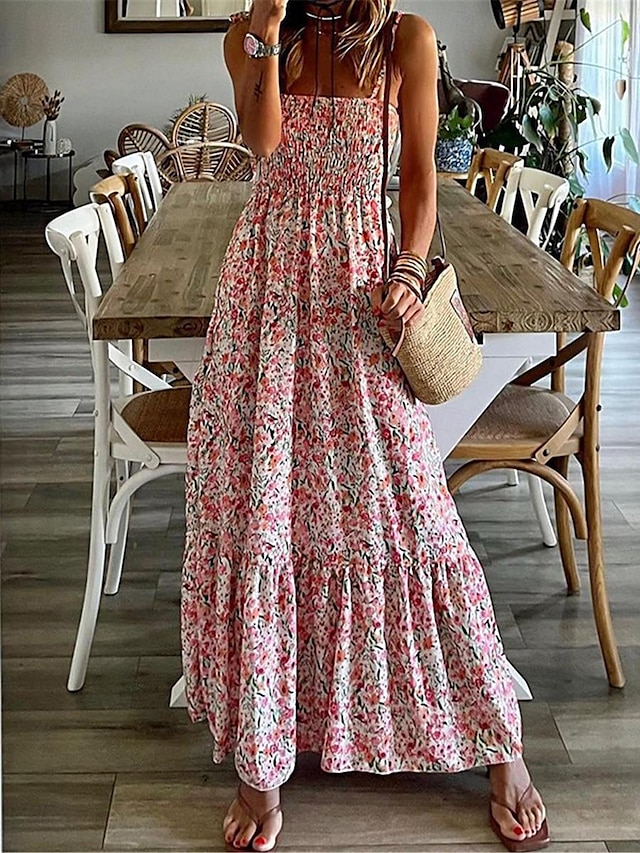  Femme Robe casual Floral Dos Nu Imprimer A Bretelles robe longue Bohême Vacances Sans Manches Eté