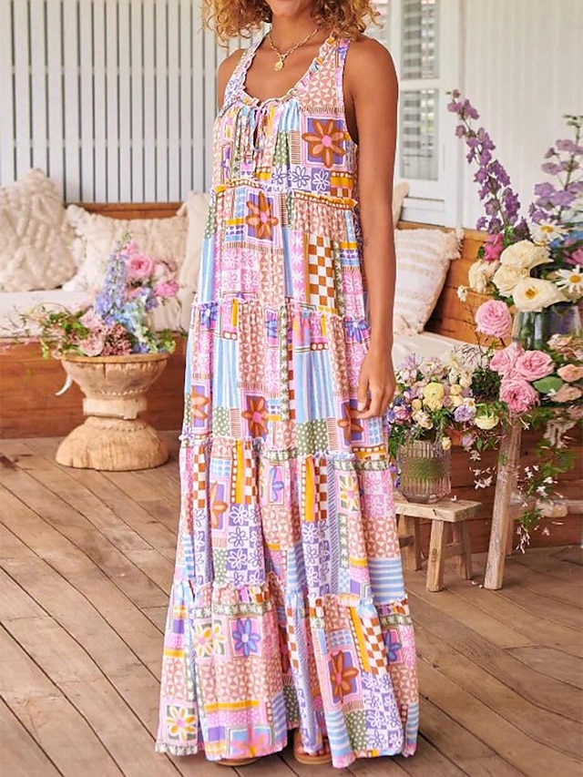  Γυναικεία Καθημερινό φόρεμα Καρό Συνδυασμός Χρωμάτων Στάμπα Λαιμόκοψη U Μακρύ Φόρεμα Μάξι Φόρεμα Διακοπές Αμάνικο Καλοκαίρι