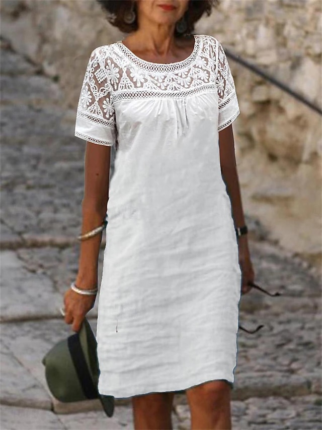  Mujer Vestido blanco Vestido de encaje Vestido de lino de algodón Mini vestido Encaje Retazos Básico Diario Cuello Barco Manga Corta Verano Primavera Negro Blanco Plano