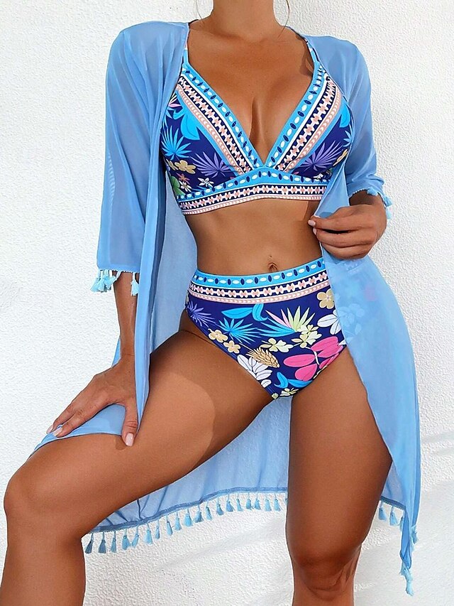  Women's Normal Pajamas Sexy Bodies Sets Floral Hot Sexy Holiday Home Bed Swimming Polyester Quick Dry Outdoor Sleeveless 3-Piece Summer Blue