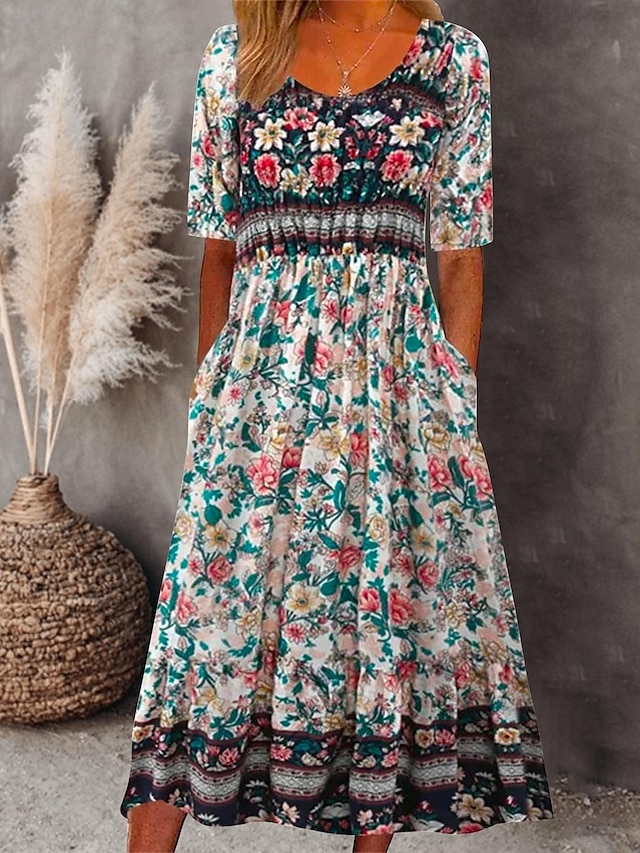  Women's Floral Ditsy Floral Ruched Print Crew Neck Midi Dress Bohemia Boho Daily Vacation Short Sleeve Summer Spring