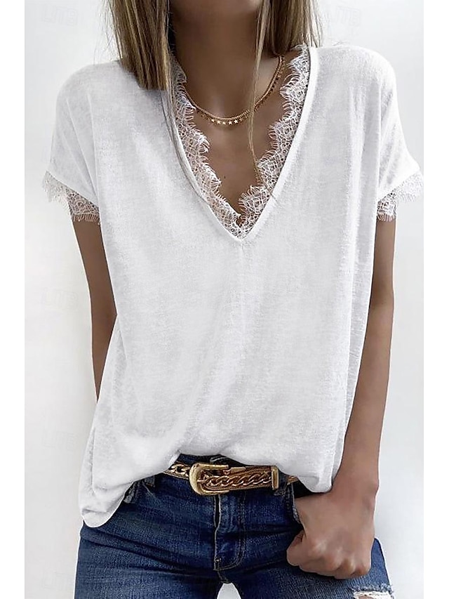  Lace Shirt Tank White Lace Shirt Women's Black White Pink Solid Color Lace Trims Street Daily Fashion V Neck S