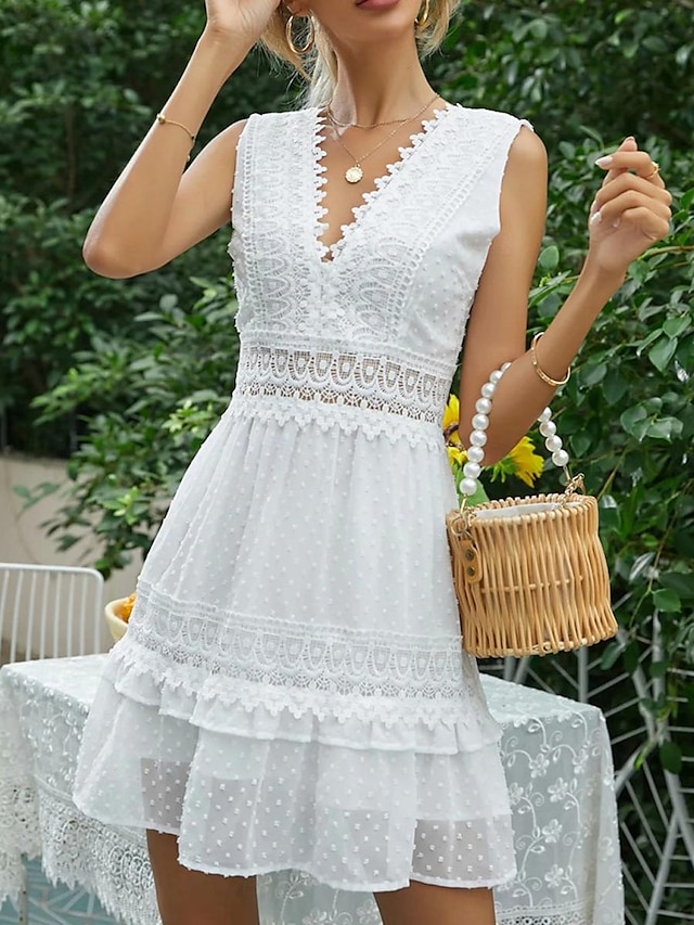  Robe de mariée en dentelle blanche Femme Mini robe avec manche Plein Air Vacances Rendez-vous Vêtement de rue Trapèze Col V Sans Manches Standard Blanche S M L