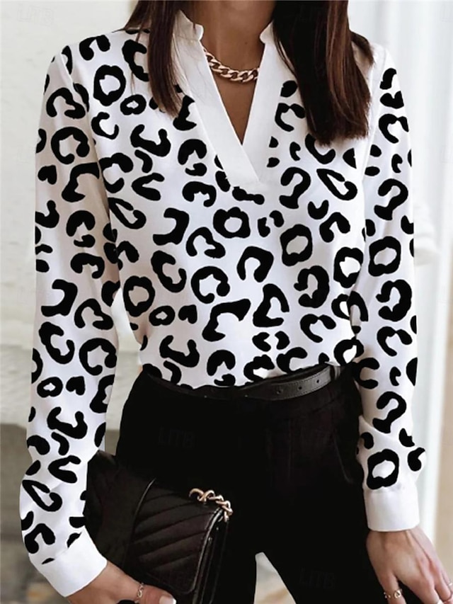  Mulheres Camisa Social Blusa Leopardo Casual Imprimir Branco Manga Longa Moda Roupa de rua Decote V Primavera & Outono
