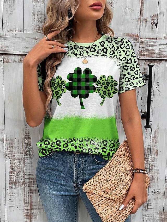  Damen T Shirt Leopard Kleeblatt St.Patrick's Day Wochenende Bedruckt Grün Kurzarm Modisch Rundhalsausschnitt Sommer