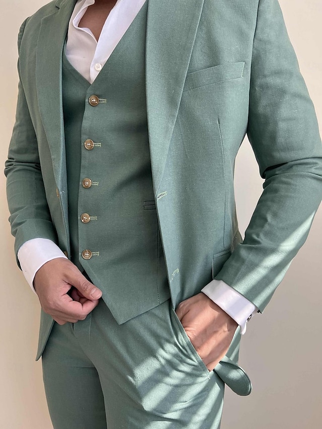  Pour des hommes Mariage Costume Vert Sauge Grande occasion Couleur Pleine Coupe Sur-Mesure Ensemble de 3 pièces Droit deux boutons