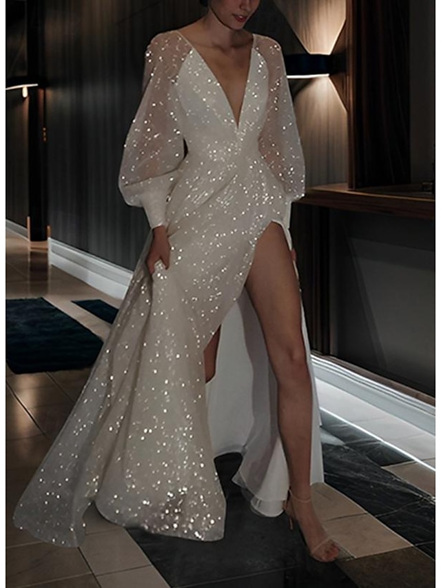 Beach Wedding Dresses A-Line V Neck Long Sleeve Floor Length Sequined Bridal Gowns With Solid Color 2024