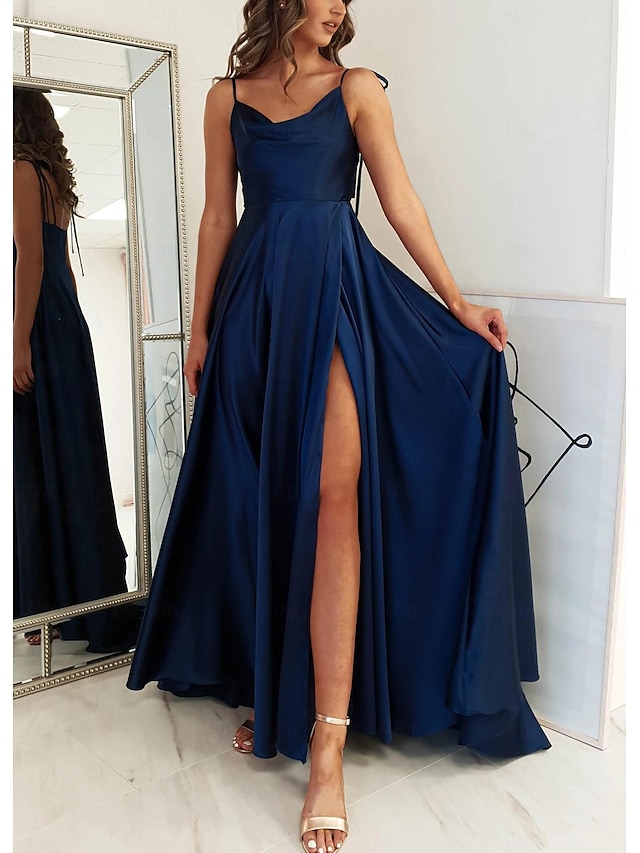  A-Linie Kleider für Hochzeitsgäste Elegant Kleid Formal Abiball Boden-Länge Ärmellos Spaghetti-Träger Satin mit Gerafft mit Riemchen 2024