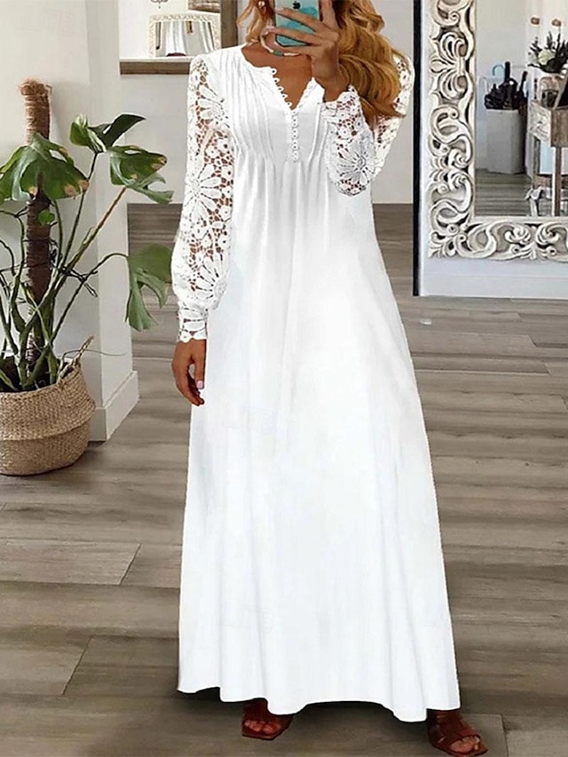  Women's White Dress Long Dress Maxi Dress Button with Sleeve Date Streetwear Maxi Round Neck Long Sleeve White Color