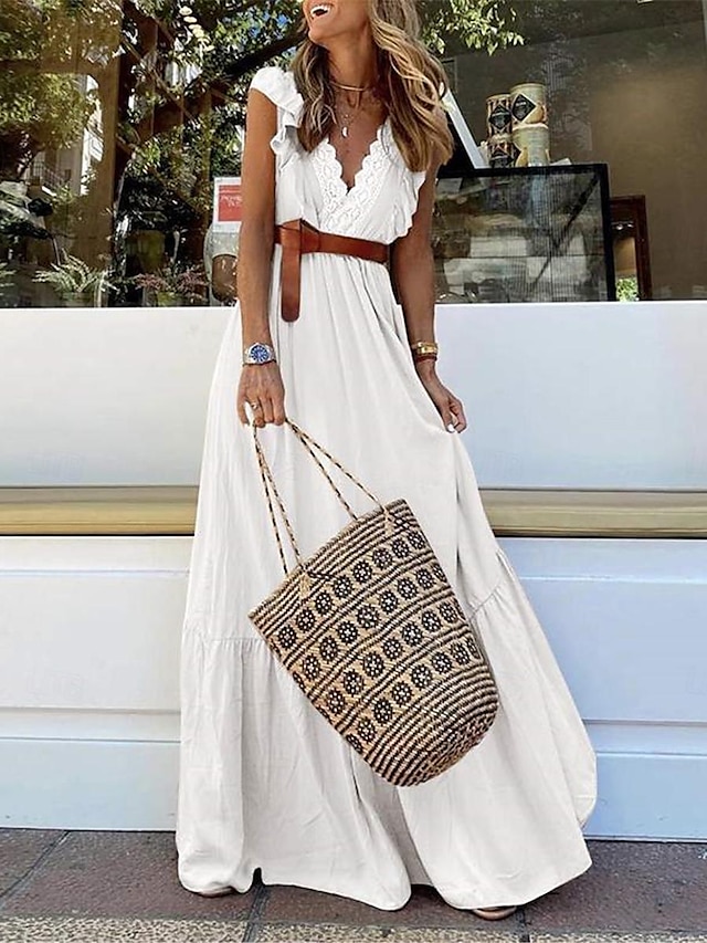  Damen Weißes Kleid kleid lang Rüsche mit Hülse Verabredung Strassenmode Maxi V Ausschnitt Ärmellos Schwarz Weiß Khaki Farbe