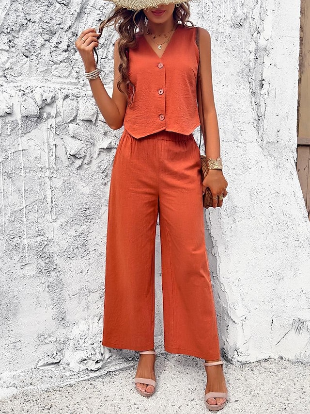  Set Women's Black Orange Khaki Solid Color Button 2 Piece Street Daily Fashion V Neck S
