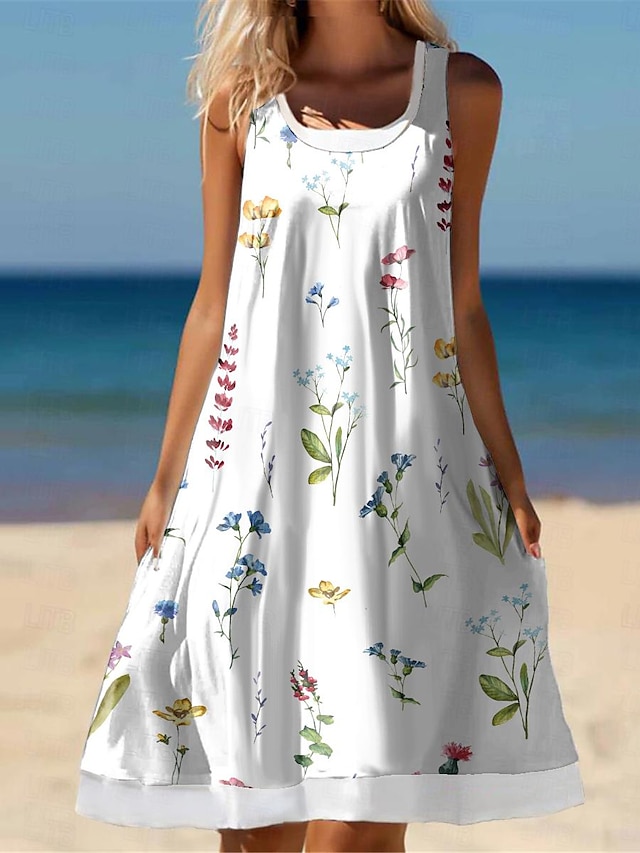  Damen Casual kleid Tank-Top Kleid Blumen Bedruckt U-Ausschnitt Minikleid Verabredung Urlaub Ärmellos Sommer Frühling