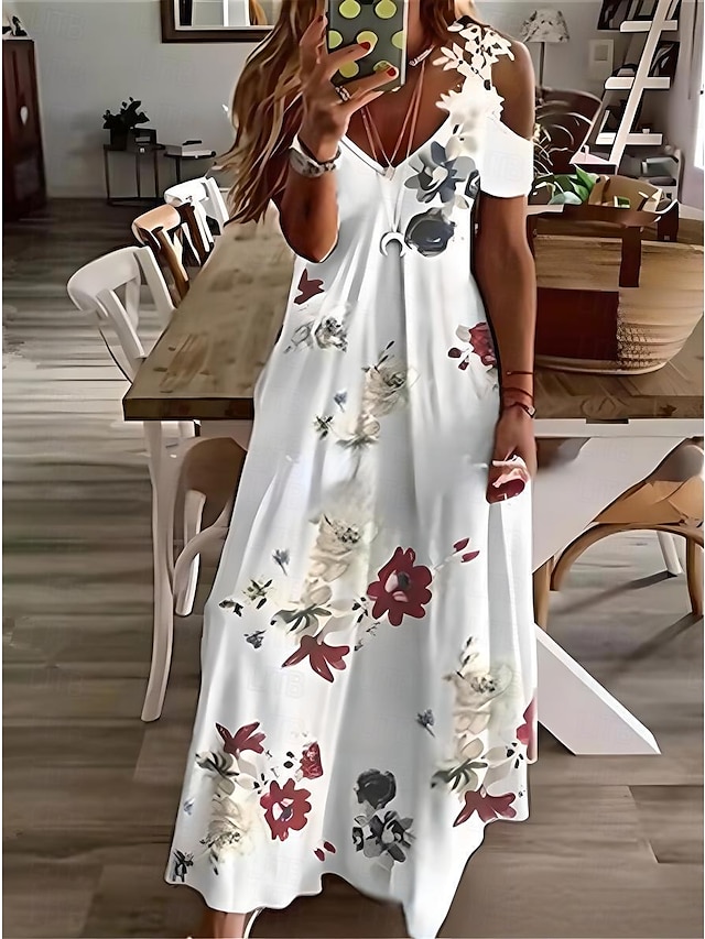  kvinders swingkjole maxi lang kjole beige kortærmet blomsterprint med kold skulder efterår sommer v-hals stilfuld afslappet moderne 2022 3xl