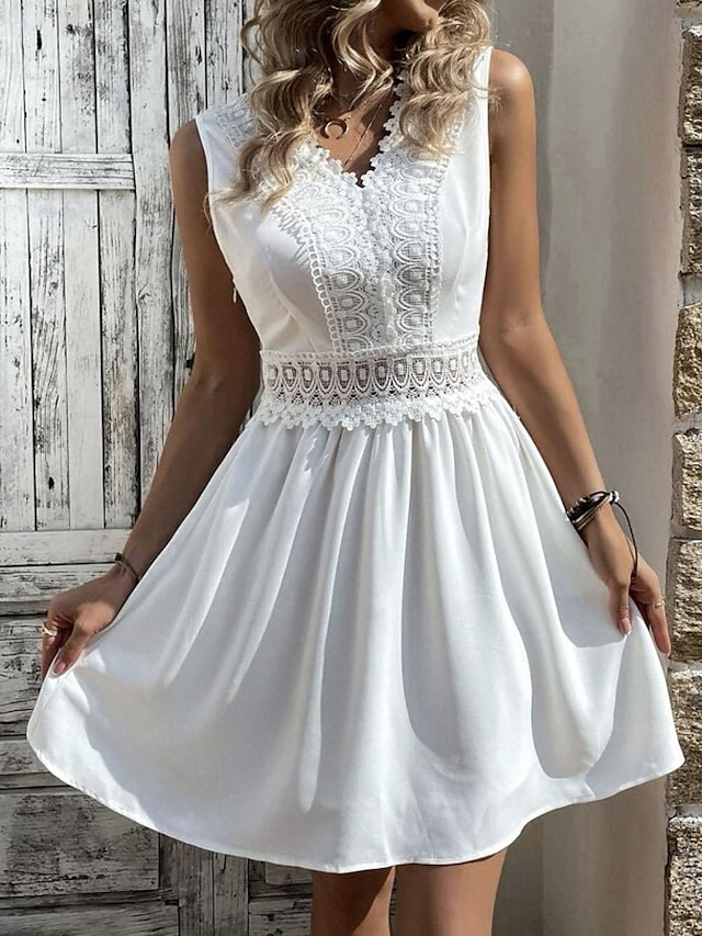  Robe de mariée en dentelle blanche Femme Mini robe avec manche Plein Air Rendez-vous Vêtement de rue Col V Sans Manches Standard Noir Blanche S M L XL 2XL