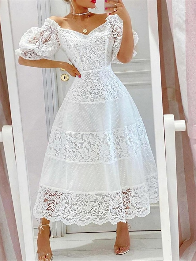  Γυναικεία Νυφικό λευκό δαντέλα Μίντι φόρεμα με μανίκι Ημερομηνία Διακοπές Κομψό στυλ street Μάξι Ώμοι Έξω Μισό μανίκι Λευκό Χρώμα