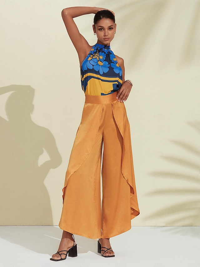  Per donna Geometrico Fiore / Piante Da mare Fine settimana Senza maniche Blu Increspato Legare indietro / Legare davanti Senza maniche Blouse Allacciato al collo Estate