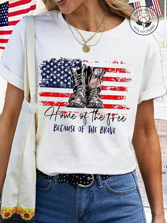  女性用 Tシャツ コットン１００％ 国旗 プリント カジュアル 週末 ファッション ベーシック 半袖 クルーネック ホワイト 夏