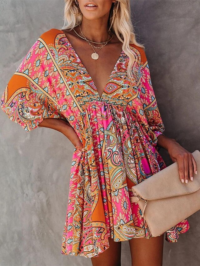 Women's Mini Dress Petite Dress Paisley Dress Casual Dress Boho Chic Dresses Boho Dress Bohemia Ethnic A Line Vacation Street Holiday Loose Fit Floral Paisley 3/4 Length Sleeve V Neck Fuchsia Summer4