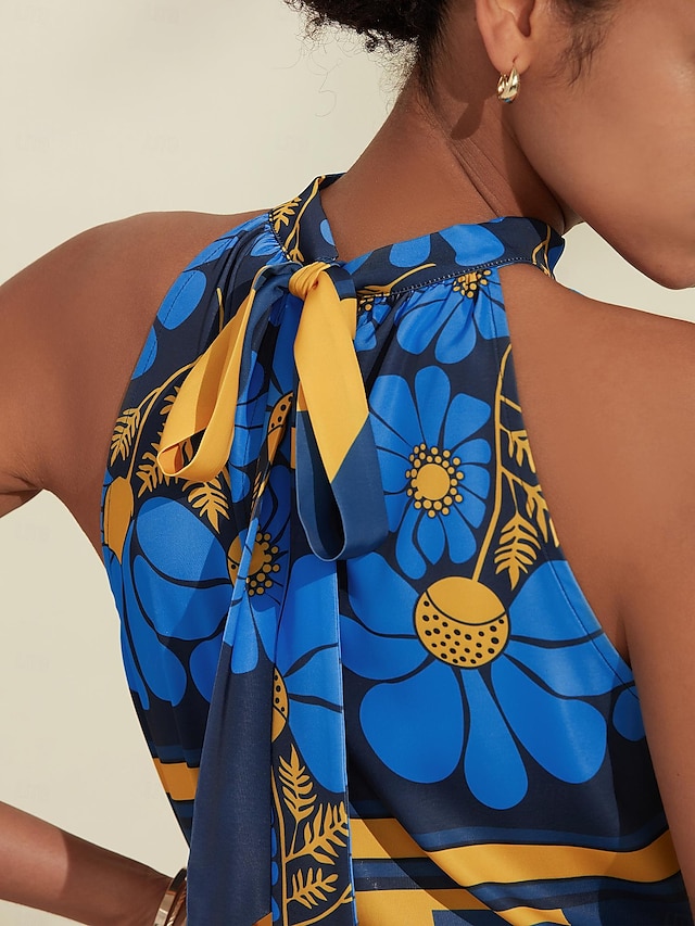  Per donna Geometrico Fiore / Piante Da mare Fine settimana Senza maniche Blu Increspato Legare indietro / Legare davanti Senza maniche Blouse Allacciato al collo Estate