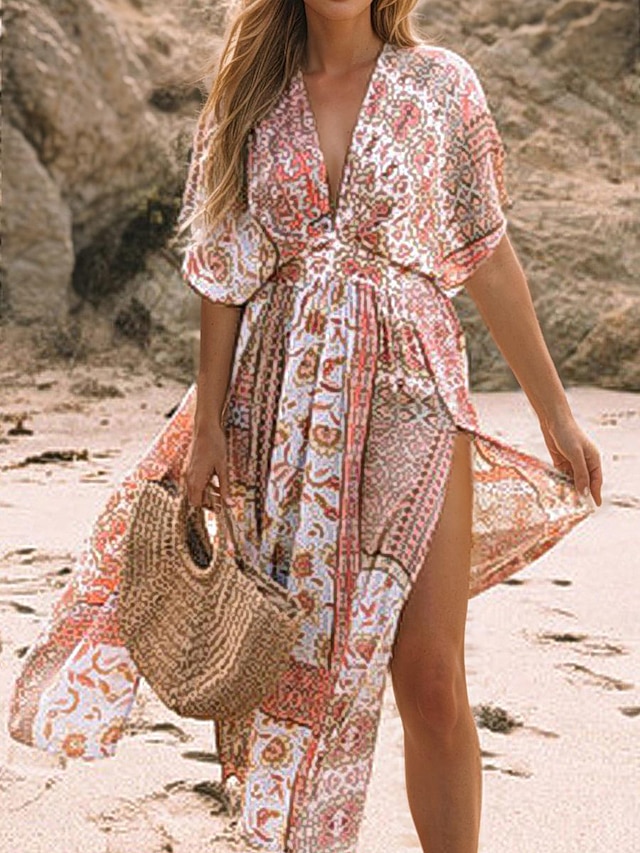  Damen Casual kleid Blumen Paisley-Muster Gespleisst Bedruckt V Ausschnitt kleid lang Böhmen Hawaiianisch Urlaub Strand Halbe Ärmel Sommer