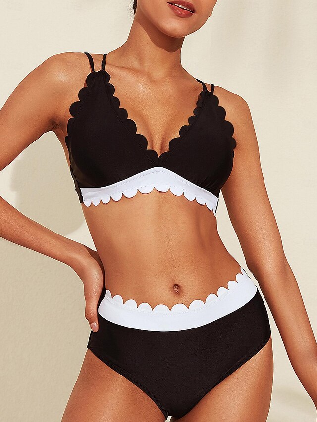  Lange triangel bikiniset met bloemblaadjesrand, zwart en wit