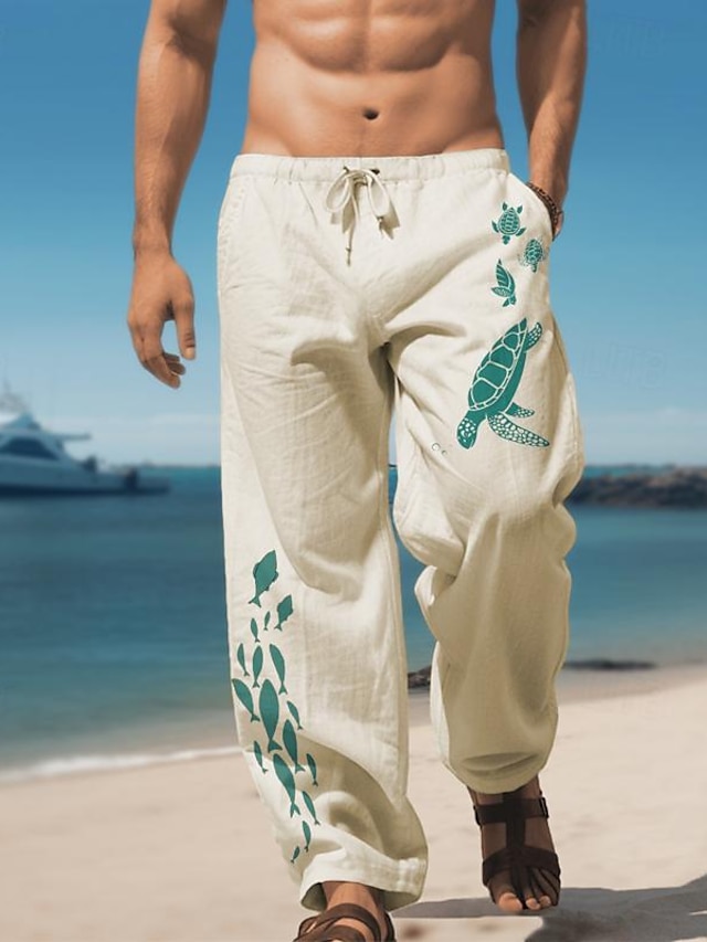  animali pesci tartaruga stampata pantaloni hawaiani in lino e cotone da uomo pantaloni di design con coulisse elastica pantaloni a gamba dritta abbigliamento quotidiano all'aperto streetwear