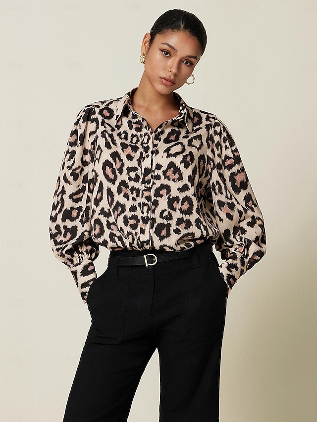  Satin Leopard Print Bishop Sleeve Shirt