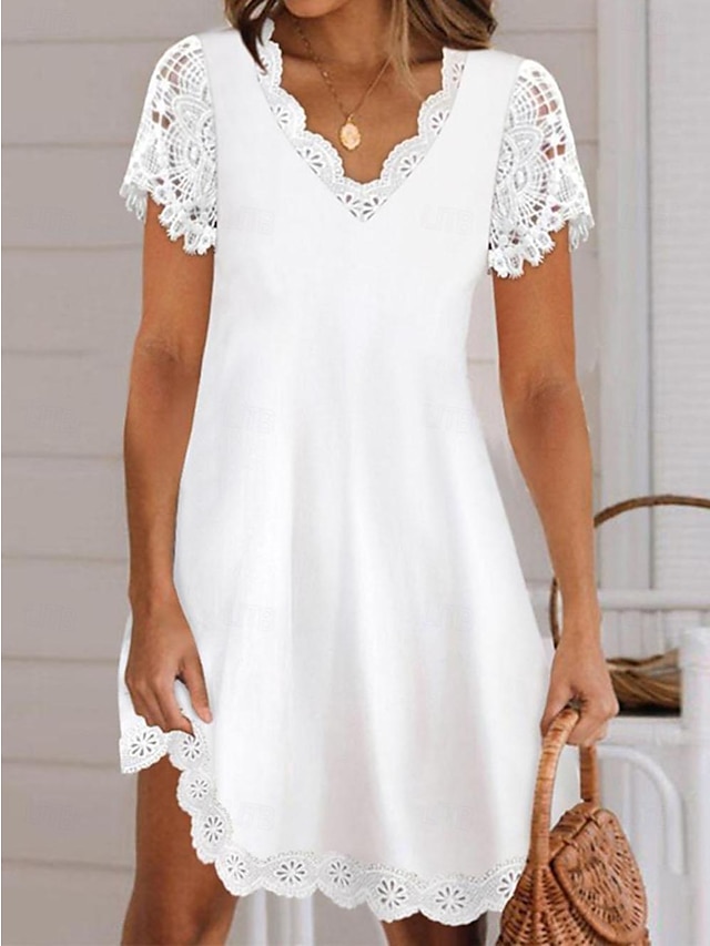  Damen Weißes Spitzen-Brautkleid Minikleid Baumwolle mit Hülse Verabredung Strassenmode V Ausschnitt Kurzarm Weiß Farbe