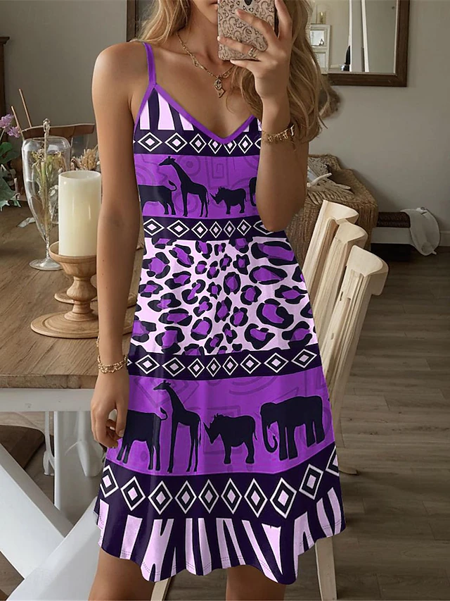 Women's Polyester Vintage Dress Casual Dress Slip Dress Leopard Tribal ...