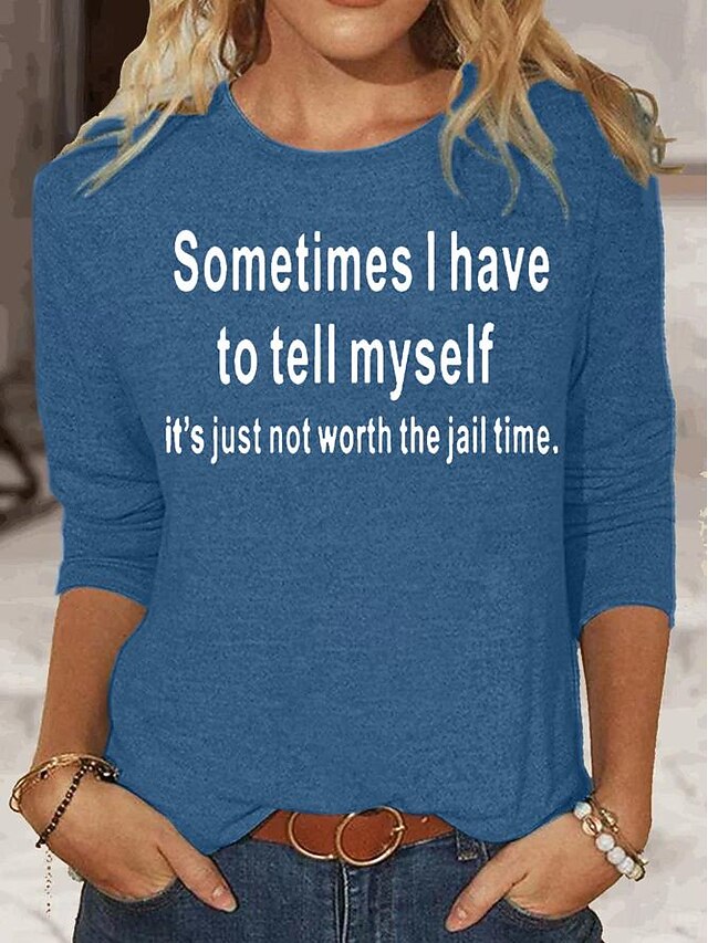 Women's T shirt Long Sleeve Letter Behavior Fashion Long Sleeve Round Neck Regular Tops Daily Weekend Print Black Blue Khaki Spring & Fall Spring, Fall, Winter,  Prefall4