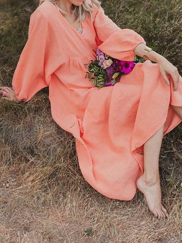  Női hétköznapi ruha Pamut nyári ruha Maxiruha Pamut Len Fodrozott Alap Napi V-alakú Hosszú ujj Nyár Tavasz Arcpír rózsaszín Narancssárga Sima